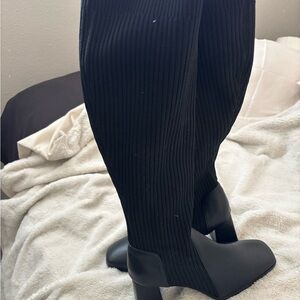Black Ribbed Knee-High Boots